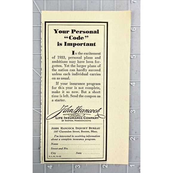 John Hancock Life Insurance *Your Personal "Code" is Important Vtg Print Ad 1933 - Picture 2 of 3
